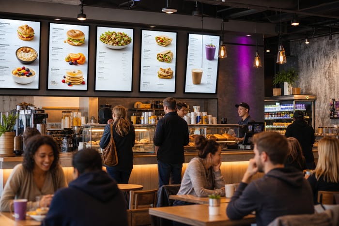 Busy cafe with menu boards and dining area